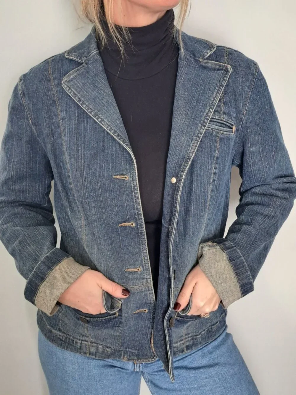 Y2K Ann Taylor Loft Womens Denim Blazer Jacket Size 8 Button Front Cotton Blue - Picture 2 of 10